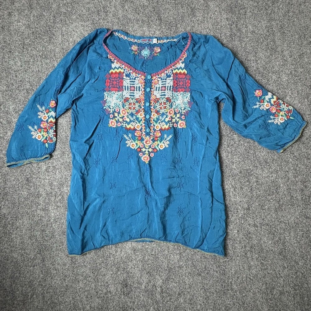Johnny Was Muna Embroidered Tunic Blouse Top Womens Medium Blue Turquoise Boho